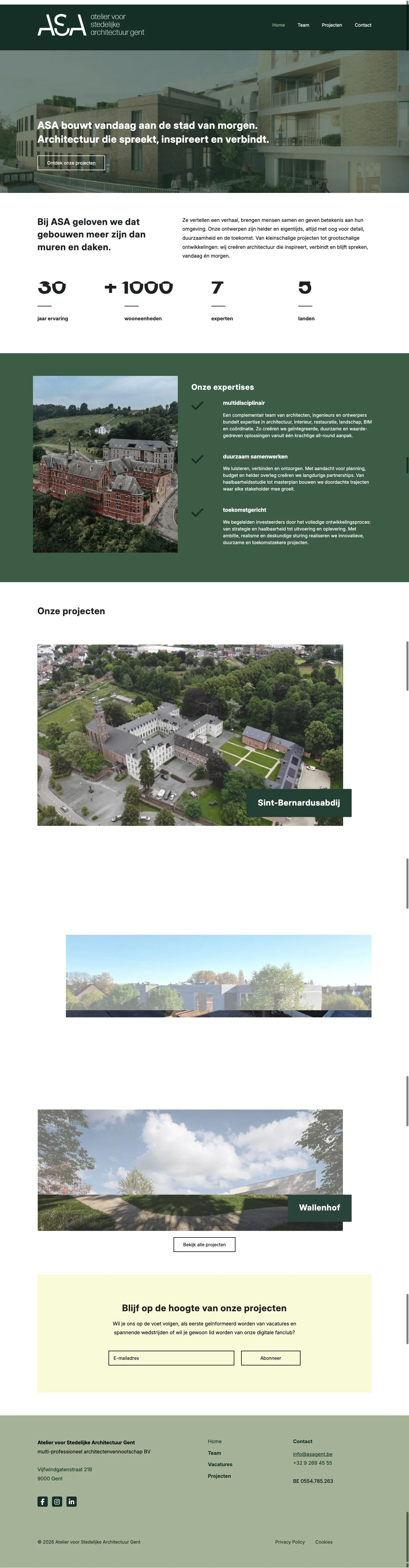 Volledige homepage van ASA Gent: ontwerp omgezet naar website