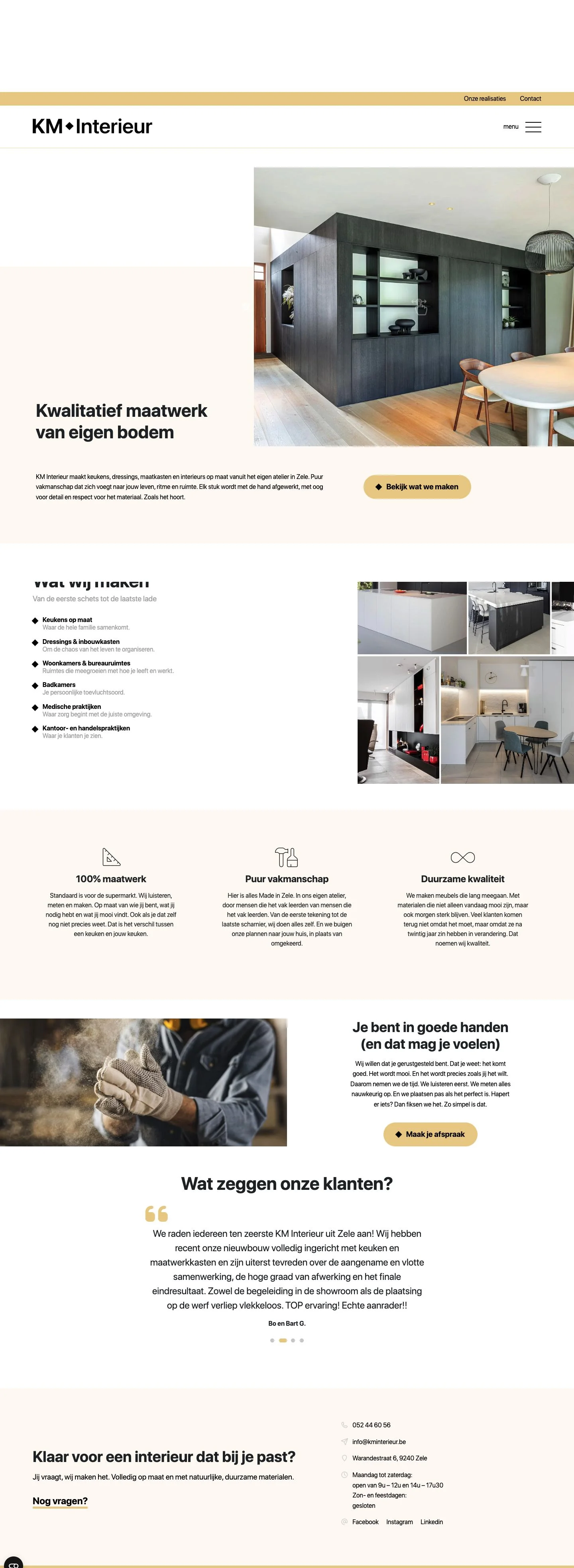 Volledige homepage van KM Interieur: website voor maatwerk
