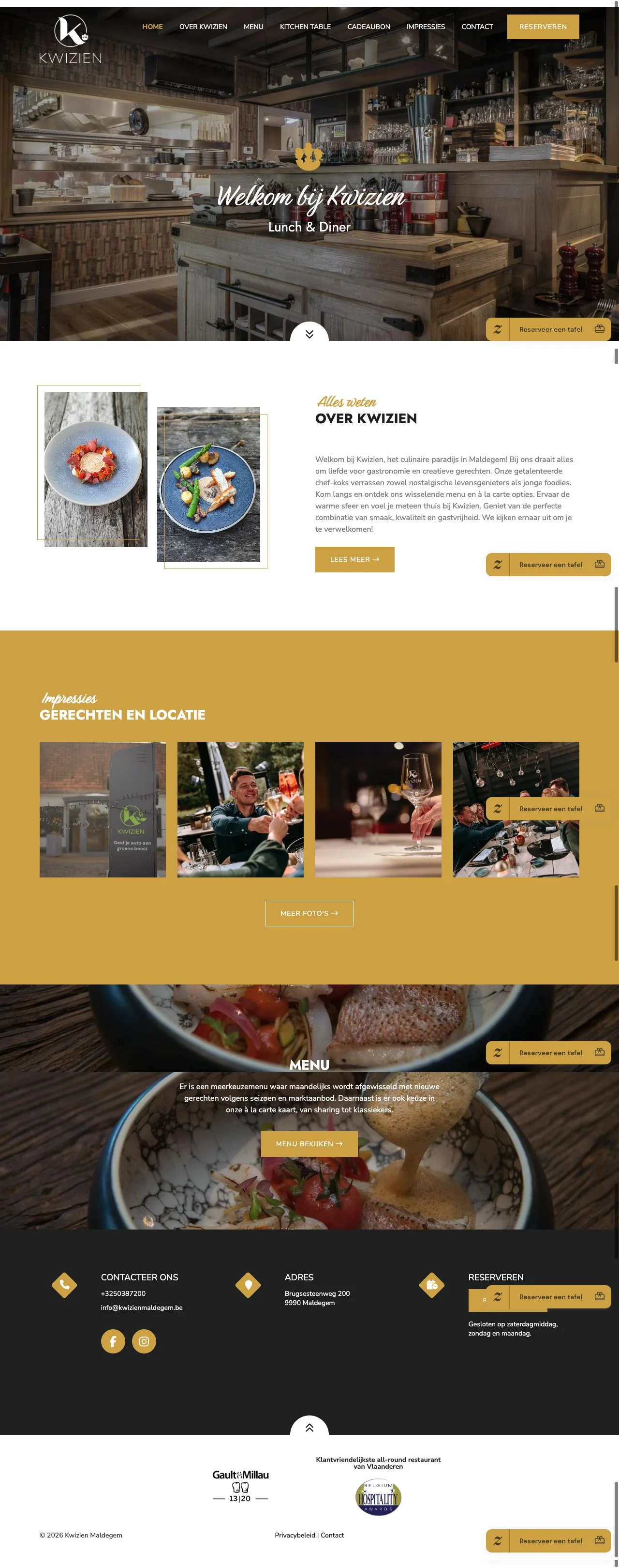 Volledige homepage van Kwizien Maldegem: restaurantwebsite