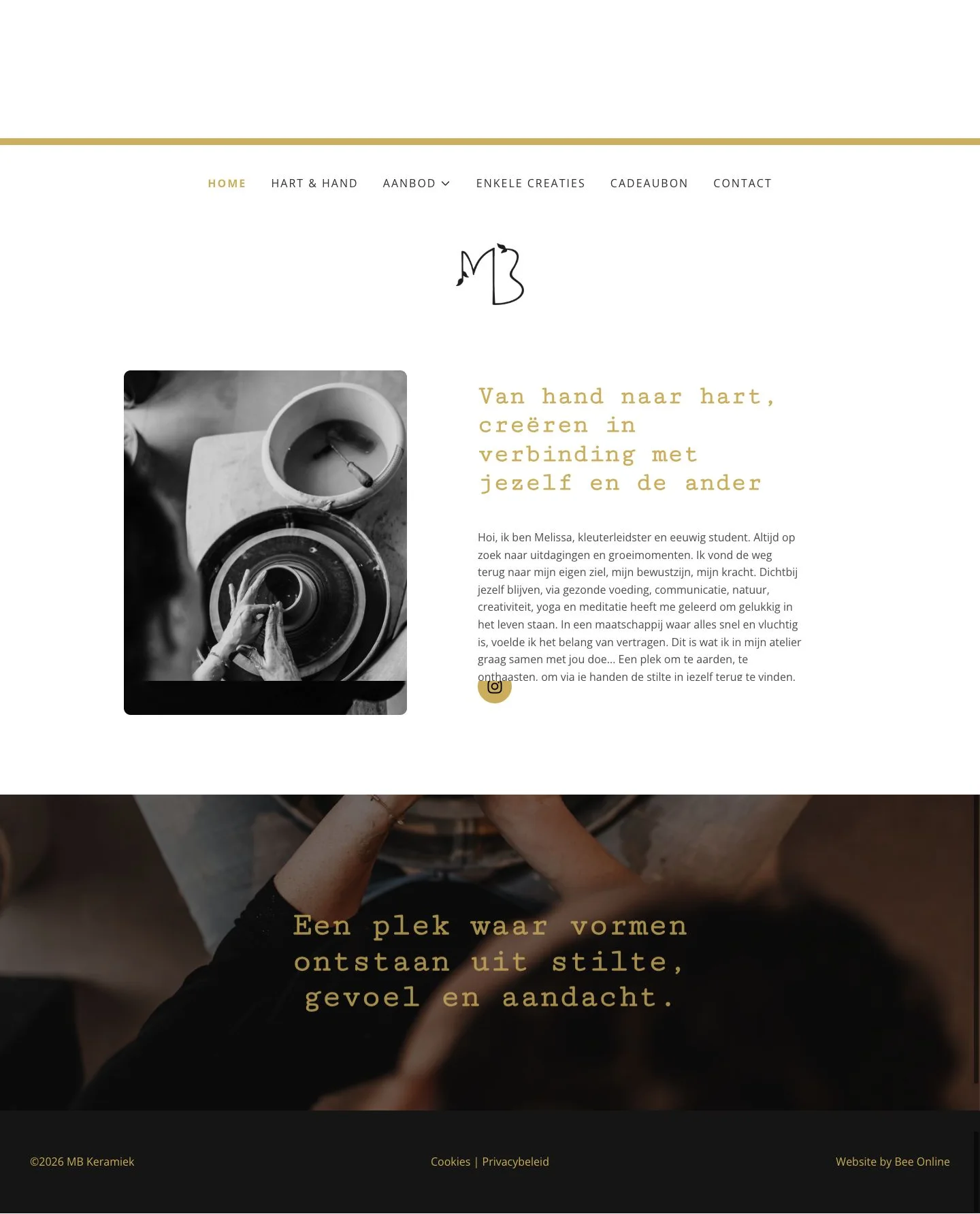 Volledige homepage van MB Keramiek: website voor creatief atelier
