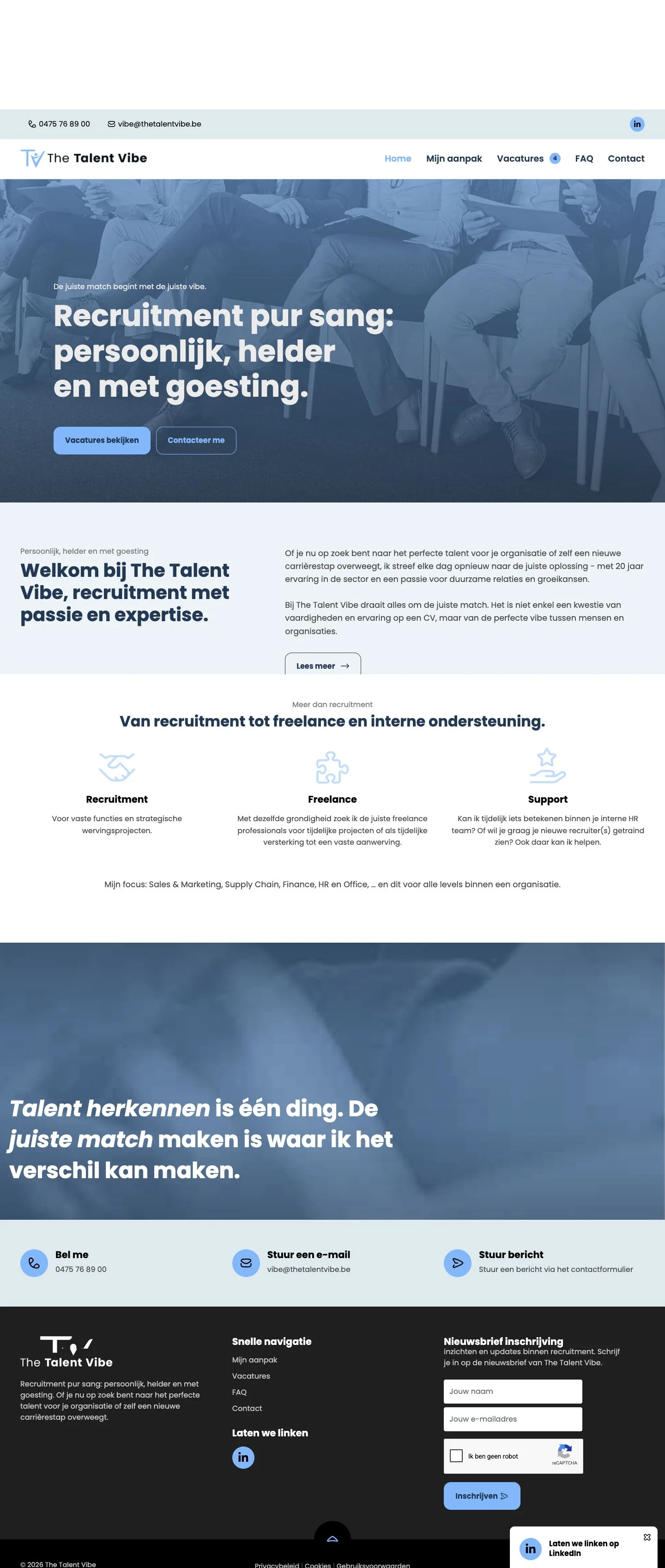 Volledige homepage van The Talent Vibe: recruitmentwebsite