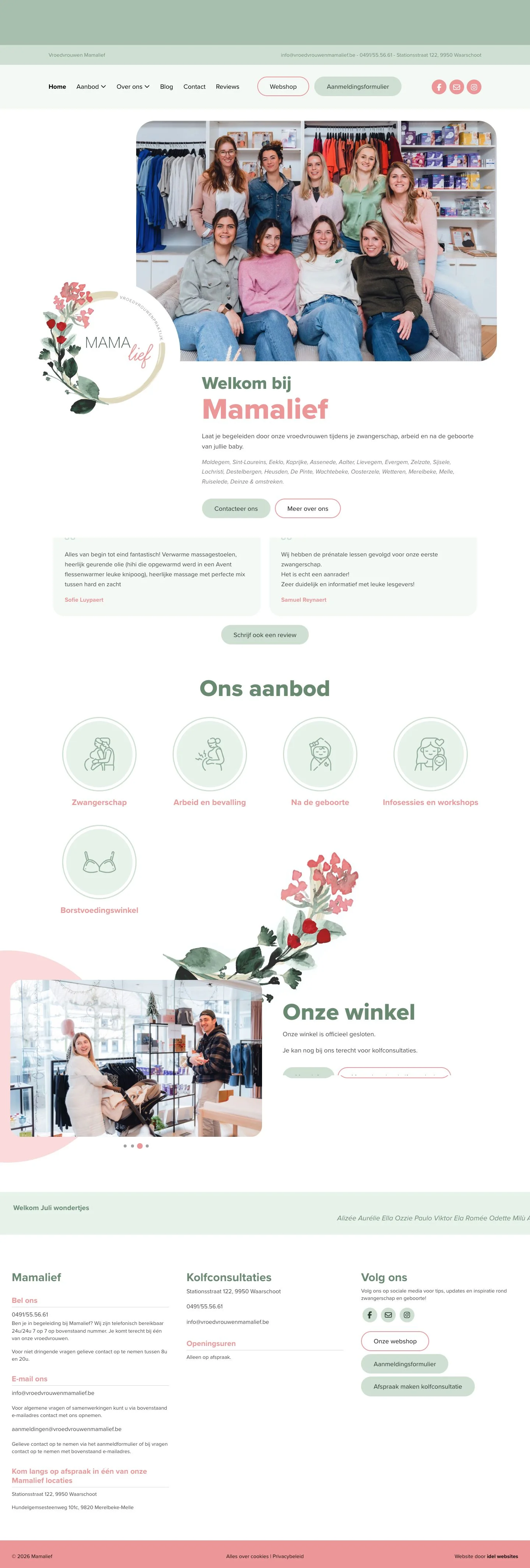 Volledige homepage van Vroedvrouwen Mamalief: website met WooCommerce